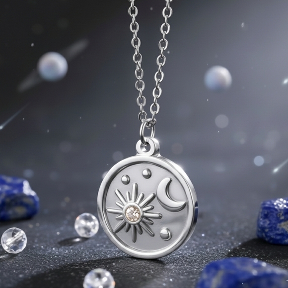 🆕️Celestial Sun & Moon Necklace 18K White Gold Plated Stainless Steel Medallion - Picture 1 of 11